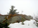 Vrcholová skalka Tupého vrchu v zimě, na fotografii málo zřetelné stopy ve sněhu jsou od kamzíků - jeden z nich byl krátce před naším příchodem skolen.