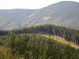 Pohled z cesty vedoucí kolem hory Lysý k prameni Zaječího potoka v oblasti Zaječí hory. Vpředu Klanke a vzadu Velký Klín.