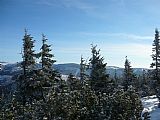 Výhled ze Šmídovy vyhlídky pod Zlatým návrším na Sněžku, Zadní Planinu, Stoh, Černou horu a Přední Planinu.
