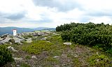 Východní vrcholová část Mužských kamenů, splňující kritéria vedlejšího vrcholu. V pozadí za hraničním kamenem Přední Planina (Pláň), dále Struhadlo, Přední Žalý se Zadním Žalým a Medvědín.