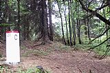 Hraniční kámen a označení geodetického bodu na vrcholu Burkova vrchu.