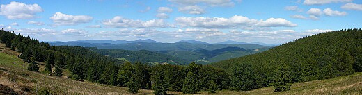 Panoráma Moravskoslezských Beskyd z nejvyššího vrcholu Javorníků - slovenského Velkého Javorníku. Zleva výrazné tisícovky Radhošť, Radegast - Z vrchol I,  Radegast, Tanečnice - Z vrchol, Tanečnice, Čertův mlýn, Kněhyně, Smrk, Malý Smrk, Lysá hora a Travný