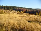 Podzim v plné kráse poblíž Turistické chaty Ostrý. Na fotografii je chata "Hepnerka" z 30. let (základna KČT Třinec). Vrchol Ostrého je na horizontu vpravo.