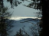 Pohled z druhého vrcholu Červeného vrchu úzkým lesním průsekem na jih. V pozadí velmi dobře viditelné rakouské Alpy.