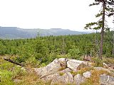 Pohled z Jezernice - S vrcholu na Skalku. Vrchol Skalky je v malém lesíku uprostřed obrázku, nikoli na holém hřebenu.