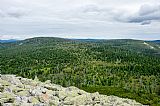 Výhled z Bavorského Luzného (1 373 m) na protější Velkou Mokrůvku a sedlo mezi nimi s patrnou hraničí stezkou.